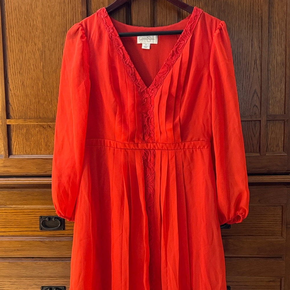 Jessica Simpson Red Chiffon Lace Trim V-neck Mini Dress Pintuck Pleated Cocktail
